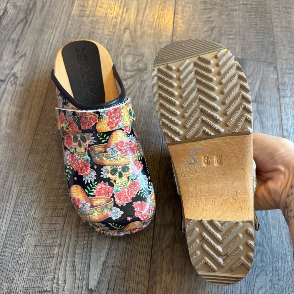 Björk Swedish Vera Wood Open Back Leather Clogs- Multi- Size EU 36 - Picture 5 of 8